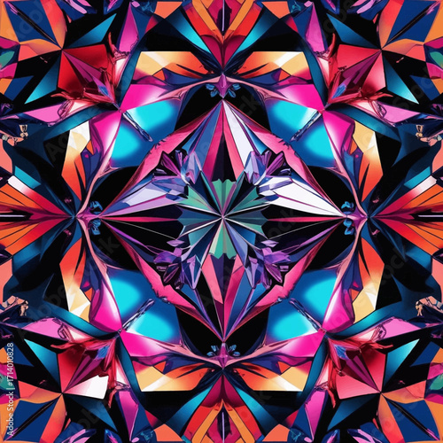 Kaleidoscope abstract pattern with floral elements. Suitable for backgrounds, prints, and designs needing vibrant and symmetrical visuals.