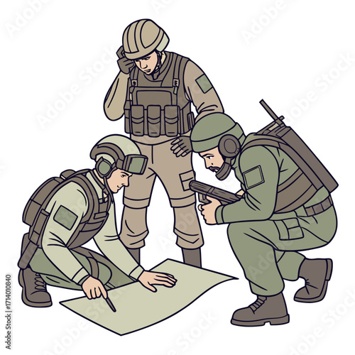 Vector art of three soldiers are planning a military operation, one is using a radio, another is pointing at a map, and the third is holding a gun