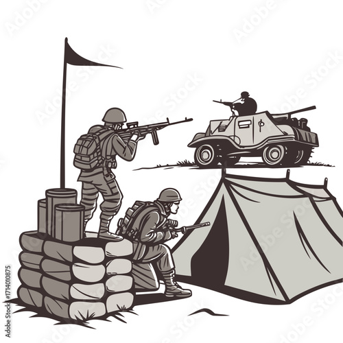 Vector art of two soldiers are defending a military outpost with sandbags and a tent, while an armored vehicle provides support