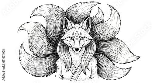 Mythical Nine-Tailed Fox Spirit Illustration