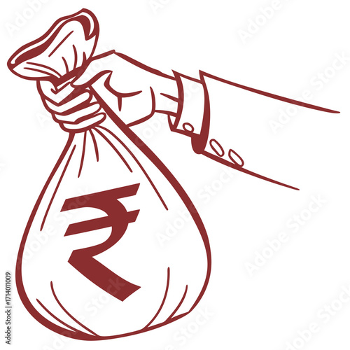 Vector art of hand holding a bag with rupee sign concept of investment, savings, donation, charity, finance, wealth, income, banking, and business simple line art illustration