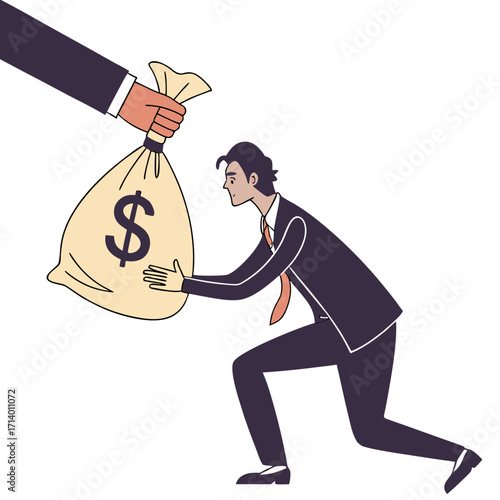 Vector art of a businessman is receiving a bag of money from a hand, concept of corruption and bribery in business and politics illegal financial transactions