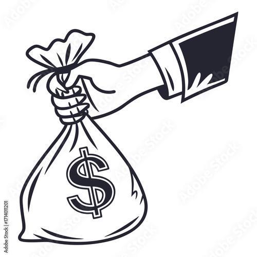 Vector art of hand holding a money bag with a dollar sign concept of wealth, investment, finance, and business success symbol of currency and financial gain