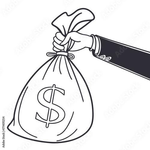 Vector art of a hand holding a money bag with a dollar sign concept for business, finance, investment, wealth, and saving vector illustration in black and white