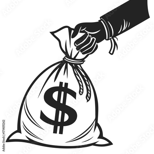Vector art of a hand holding a money bag with a dollar sign concept for business, finance, investment, wealth, and saving vector illustration in black and white