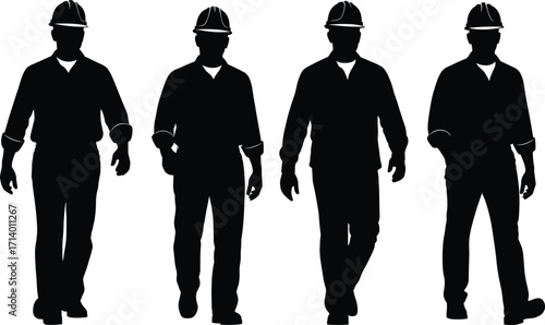 Silhouette illustration of construction workers wearing safety helmets, protective workwear, walking and standing poses, vector design for engineering, architecture, industrial projects.