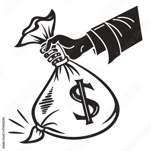 Vector art of a hand is holding a money bag with a dollar sign on it, symbolizing wealth, finance, and the concept of receiving or possessing funds