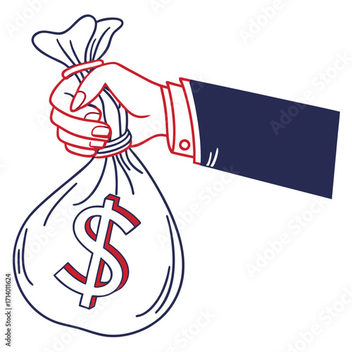 Illustration of a hand holding a money bag with a dollar sign, symbolizing wealth, finance, and investment, perfect for financial and economic themes