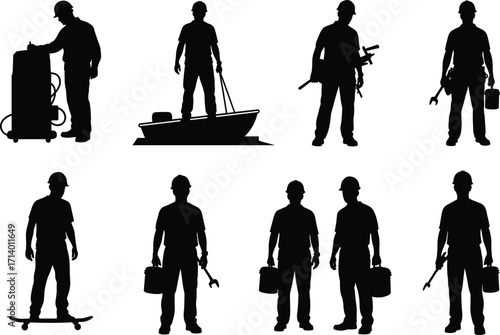 Silhouettes of Diverse Workers with Tools and Equipment Representing Labor, Occupations, Industry, Fishing, Hunting, and Manual Trades
