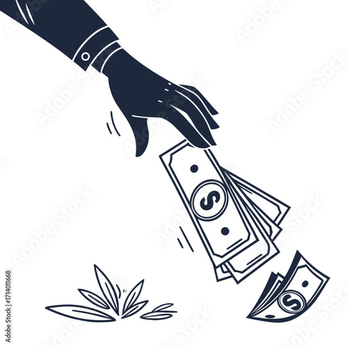 Vector art of hand dropping money concept of financial loss, economic downturn, or wasteful spending symbol of debt, bankruptcy, or mismanagement vector illustration