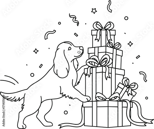 Festive Spaniel Dog with Gifts Line Icons.