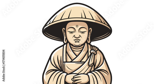 Serene illustration of a meditating Buddhist monk in a traditional Asian conical hat, symbolizing peace and enlightenment
