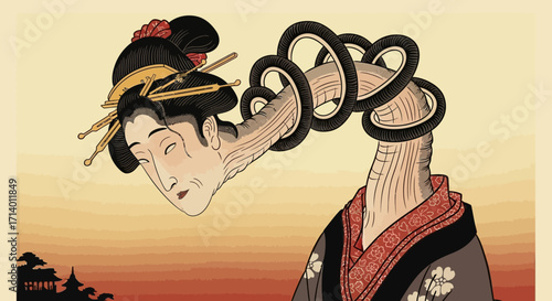 Surreal Japanese Geisha Portrait with Abstract Serpent-like Neck and Traditional Attire