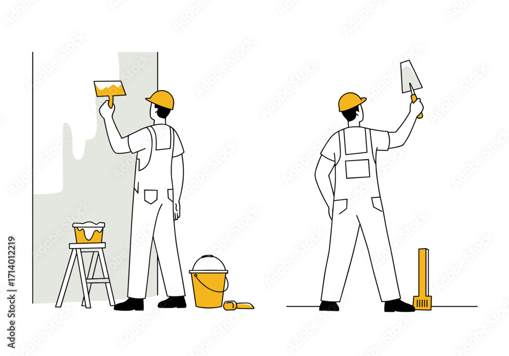Fototapeta premium Construction worker painting wall with tools and supplies on site 