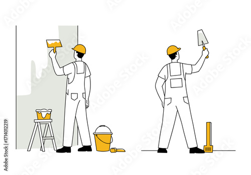 Construction worker painting wall with tools and supplies on site  