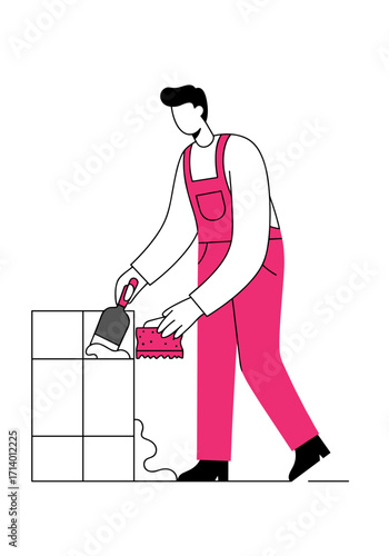 Cartoon Builder Laying Bricks with Trowel
