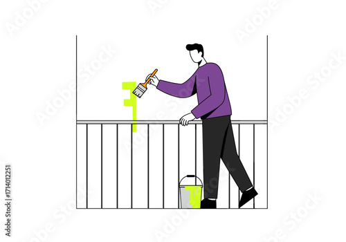Man painting a balcony railing with bright green paint  