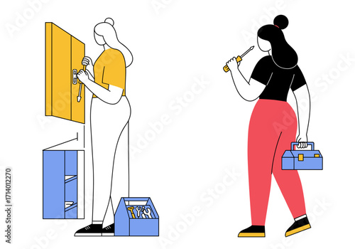 Two women repairing and organizing with tools in a minimal workspace  