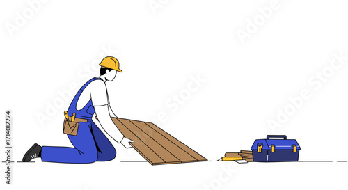 Construction worker kneeling and laying wooden planks on floor  