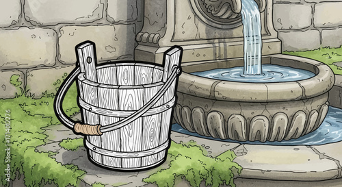 Classic Wooden Bucket by a Serene Stone Fountain A Quaint Garden Scene with Flowing Water, Evoking Traditional Charm and Peaceful Ambiance