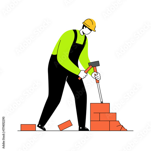 Construction worker hammering bricks with safety gear in urban setting  