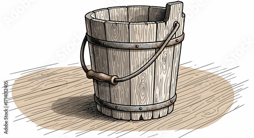 Rustic wooden bucket with a metal handle resting on a wooden surface, an illustration in warm tones