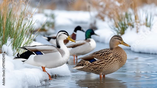 Mallard ducks and waterfowl gathering in a snowy stream during winter