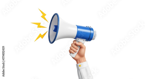 Isolated raised hand holding megaphone loudspeaker with speech bubbles of lightning bolts