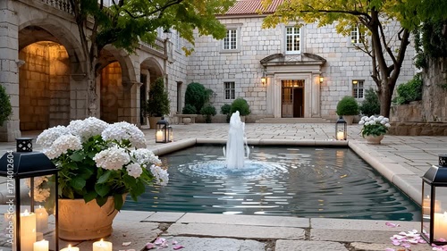 Elegant stone courtyard featuring a fountain, lanterns, and potted hydrangeas at dusk, creating a romantic ambiance