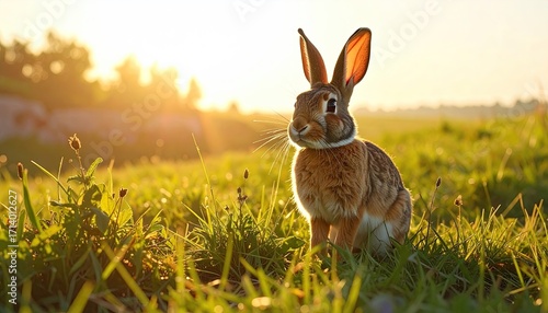 Alert Brown Hare Standing Tall in a Lush Green Meadow Bathed in Warm Golden Sunlight at Sunrise