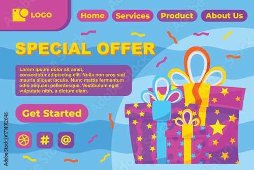 Gift Box in Various Bright Color for Special Offer Web Landing Page Banner Flat Cartoon Background