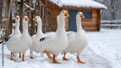 Geese flock walking on fresh white snow during winter on a farm