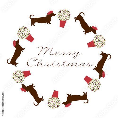 Christmas wreath made of dachshunds wearing berets and a Christmas tree. Vector illustration. Festive decor.