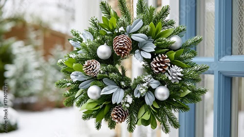 Festive evergreen wreath with pine cones and silver ornaments hanging on a blue door
