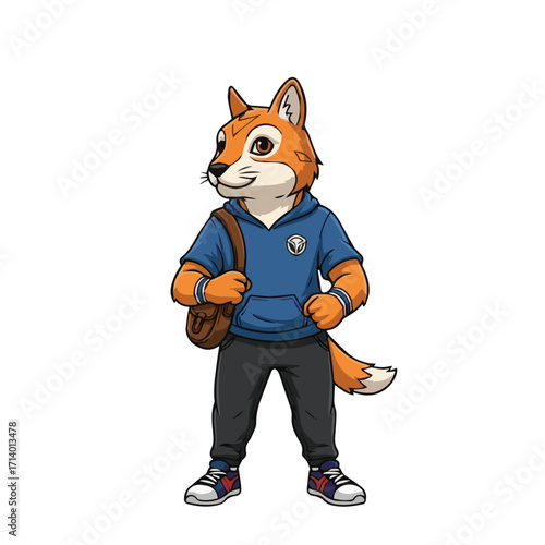A playful cartoon animal mascot, a red fox with a furry orange tail and a big smile, plays with a ball