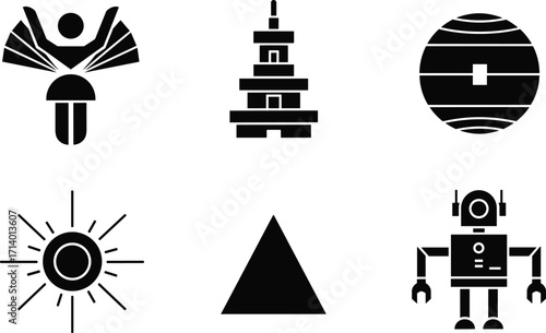angel, wings, pagoda, tower, planet, disk, sun, rays, triangle, mountain, robot, silhouette, vector, black, white, design, art, symbol, illustration, set
