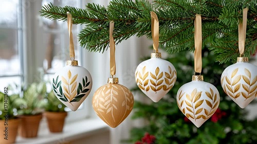 Elegant decorative ornaments with gold and green patterns hanging on a christmas tree