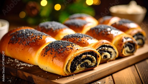 Festive poppy seed rolls on a wooden board