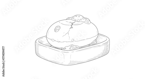 Detailed line drawing of a well-used bar of natural soap resting in a simple ceramic dish, symbolizing daily hygiene and personal care routines