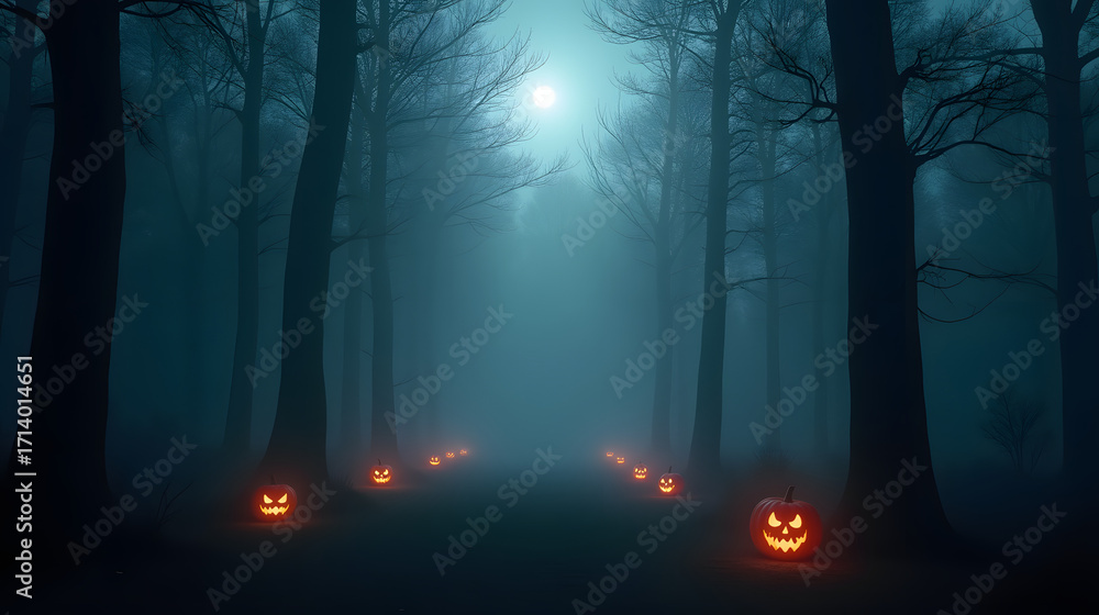 Obraz premium Dense fog rolling through a Halloween forest silhouettes glowing faintly