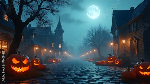Cursed town square with pumpkins glowing faintly through haze