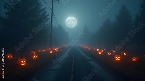 Desolate foggy road pumpkins glowing faintly as the only light