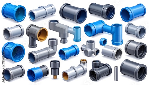 Various realistic plastic pipe fittings in different colors and angles, ideal for plumbing or construction projects.
