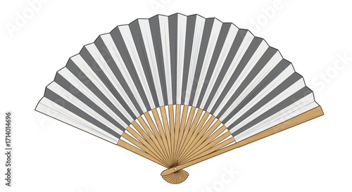 Traditional Japanese folding fan with elegant grey and white stripes, a timeless accessory for cooling and cultural events