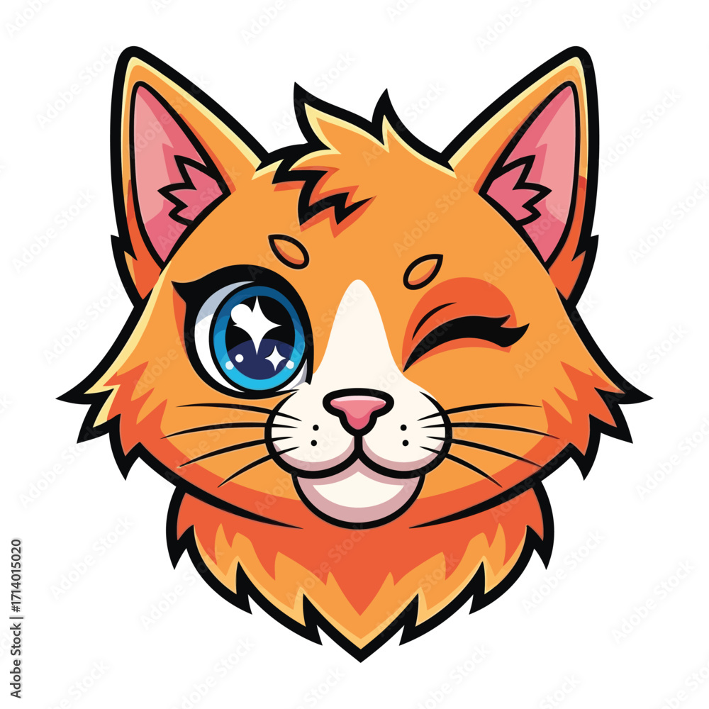 Fototapeta premium Winking Cat Portrait: A vibrant, playful cartoon portrait of an orange cat winking charmingly, showcasing a joyful expression with its expressive eyes.