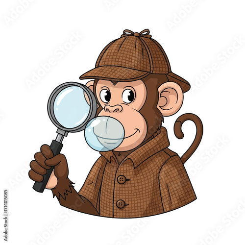 A fun vector illustration of a cartoon detective character, a man with a magnifying glass, looking for clues