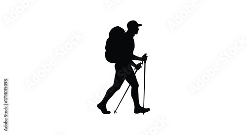 Silhouette of a hiker walking with poles against a plain white background