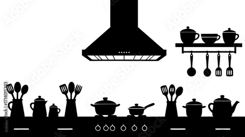 Kitchen interior silhouette with pots, utensils, and hood design  