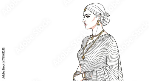 Line art portrait of a graceful Indian woman showcasing traditional elegance in a saree and jewelry