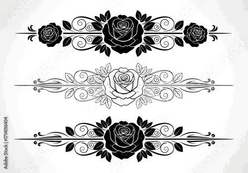 Tableau sur toile Vector art of three ornate black and white floral dividers with roses and scroll